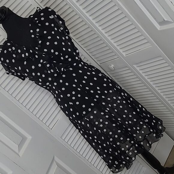 MSK PETITE 4P sheer chiffon black dress with white polkadots - Picture 1 of 10